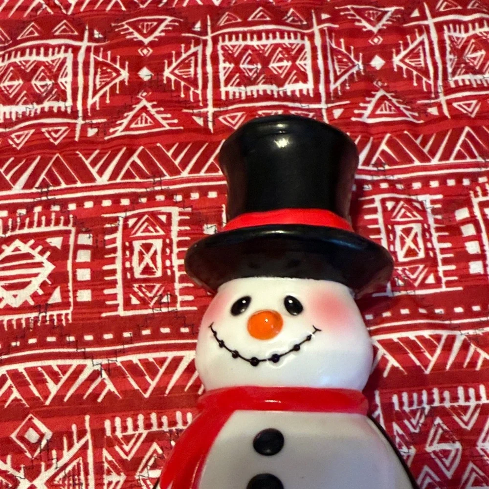Festive Plastic Snowman Figurine with Red Scarf.  Probably Vintage.
